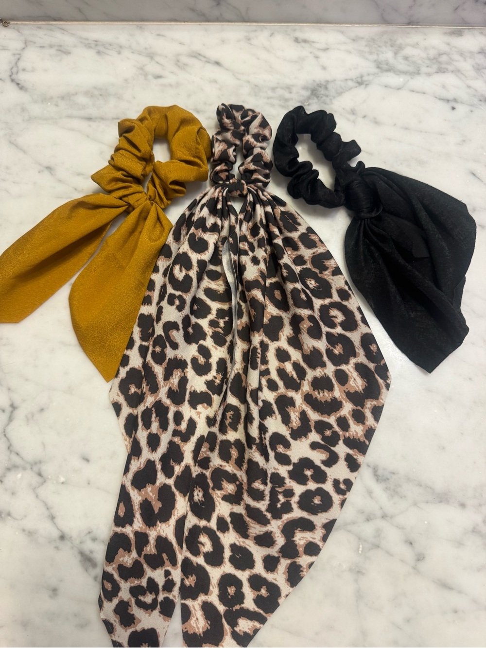 Set of 3 Leopard Print, Mustard & Black Bow Scrunchie Set